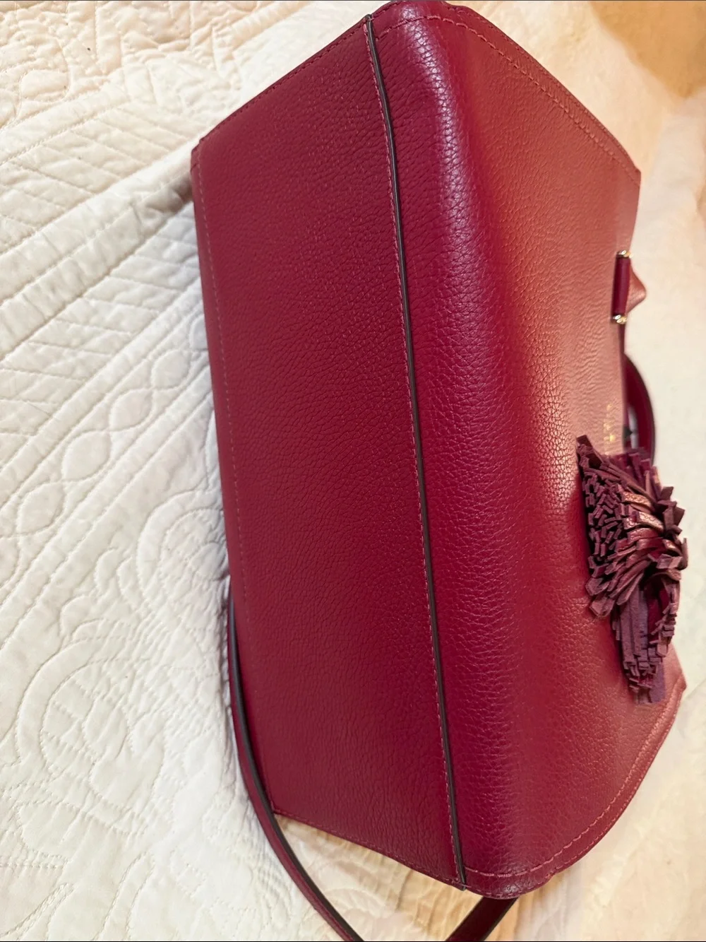 kate spade Berry Red Pebbled Leather Satchel with Tassel. NWT